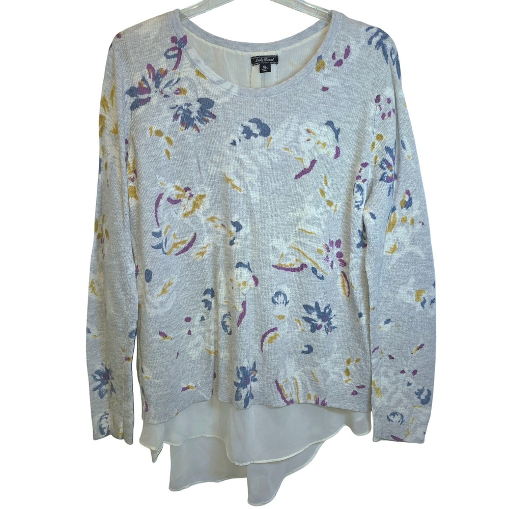 Lucky Brand Sweater Top‎ Tunic Floral Chiffon Sz XL Gray - Picture 2 of 16